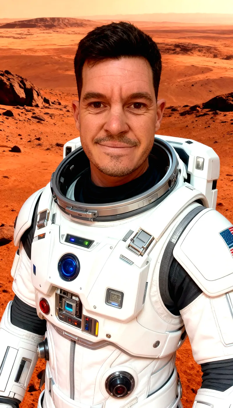 Juan del Rosal como astronauta en un paisaje marciano. Imagen creada con su Yo Digital.