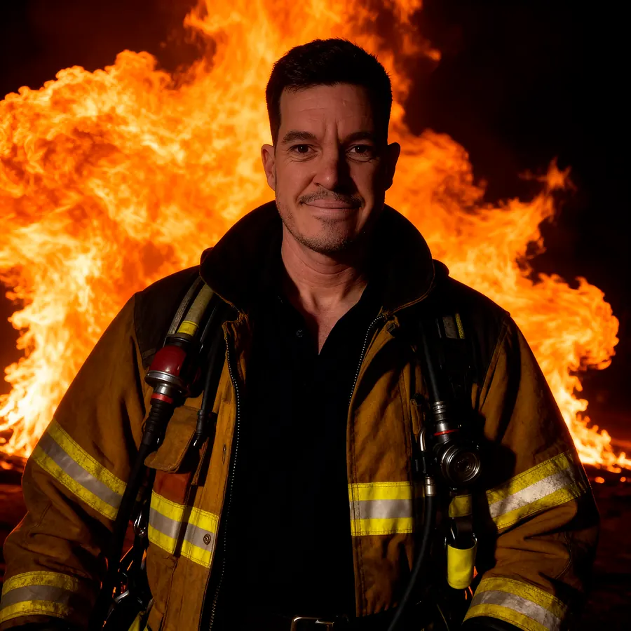 Juan del Rosal vestido de bombero delante de un incendio. Imagen creada con su Yo Digital.