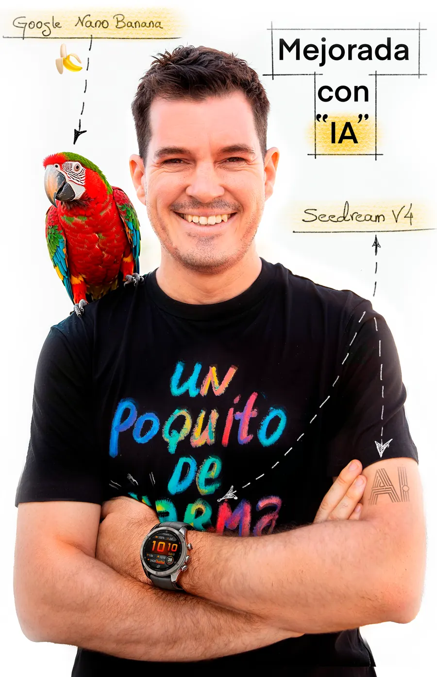 Juan del Rosal sonriendo, con un loro en el hombro. Imagen mejorada con IA.