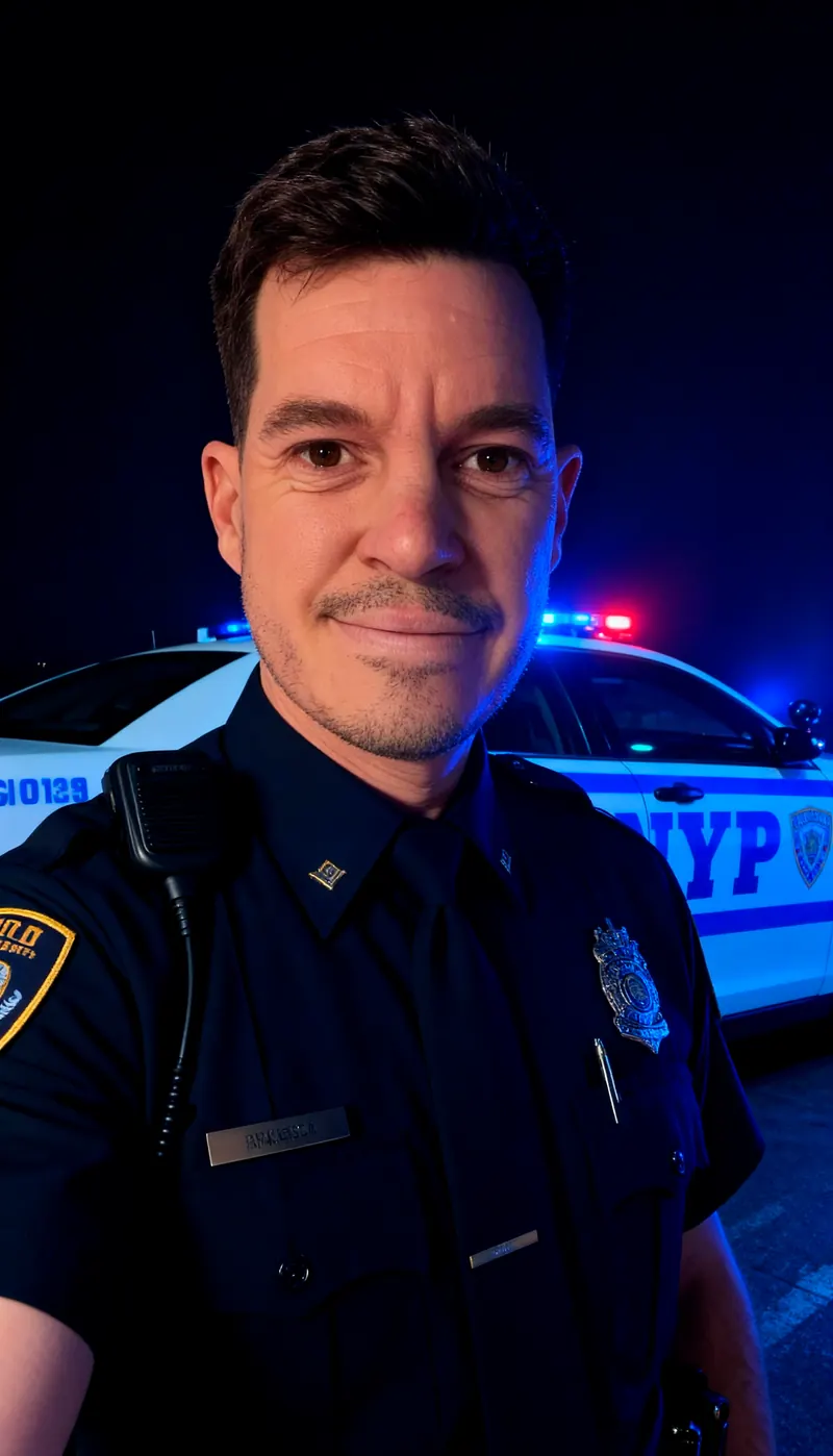 Juan del Rosal vestido de policía, de noche. Imagen creada con su Yo Digital.